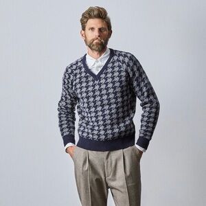 Todd Snyder $348 Merino Wool Houndstooth V-Neck Sweater in Navy Size XS